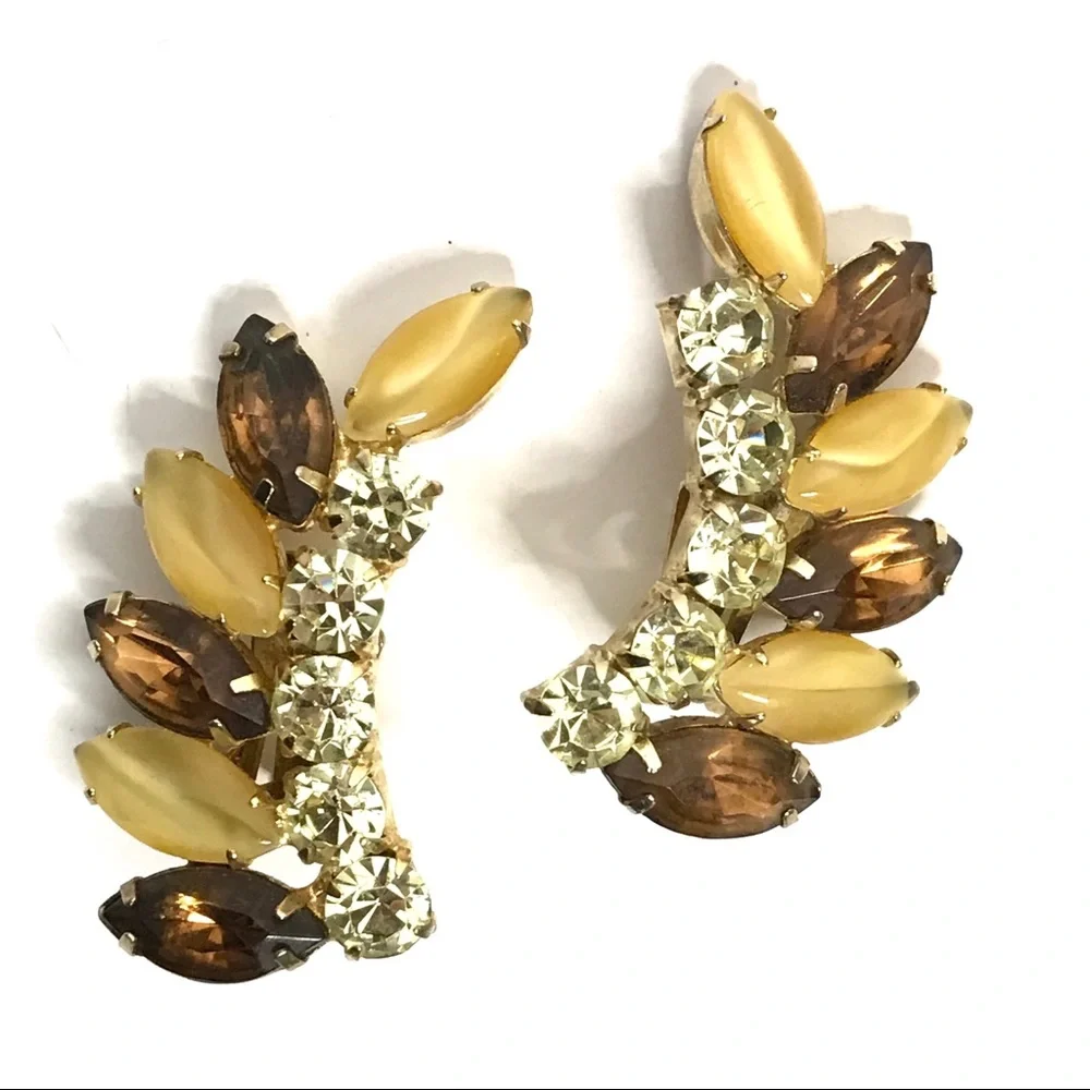 Vintage Rhinestone Earrings Ear Climbers Clip Gold